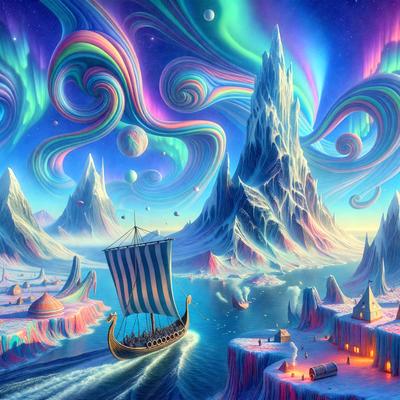 The primary subject of the image is a boat sailing through a colorful, fantastical landscape. The boat is surrounded by a vibrant, swirling sky, and it appears to be sailing through a waterway. The setting is a mix of natural elements, such as mountains and water, and a whimsical, imaginative atmosphere. The visual style of the image is a combination of digital art and illustration, creating a unique and captivating scene. The colors and mood of the image are lively and energetic, with a sense of adventure and wonder.